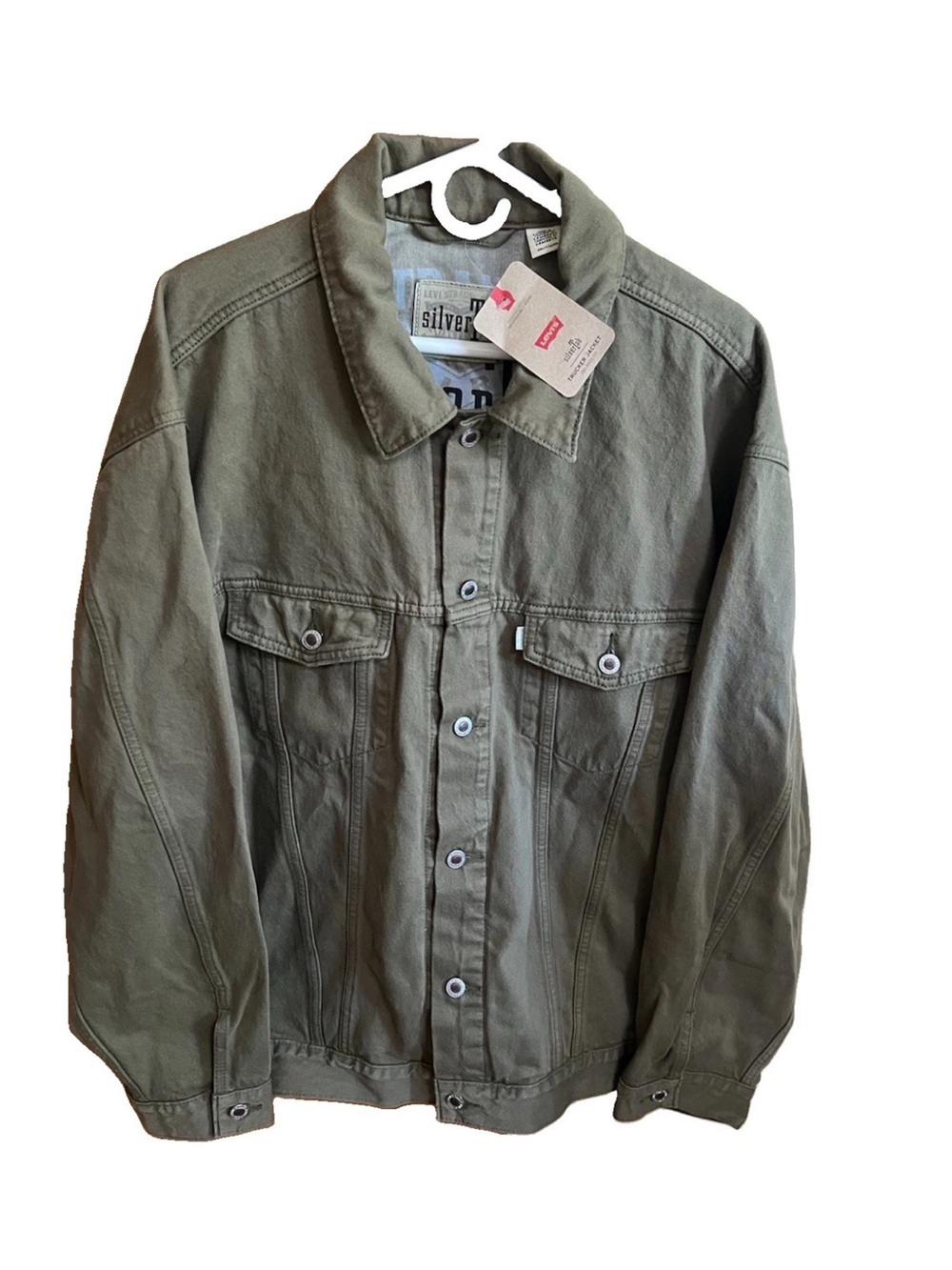 Levis SilverTab Mens 2XL Denim Trucker Jacket Dark Olive Green 30x30 NWT Flaws